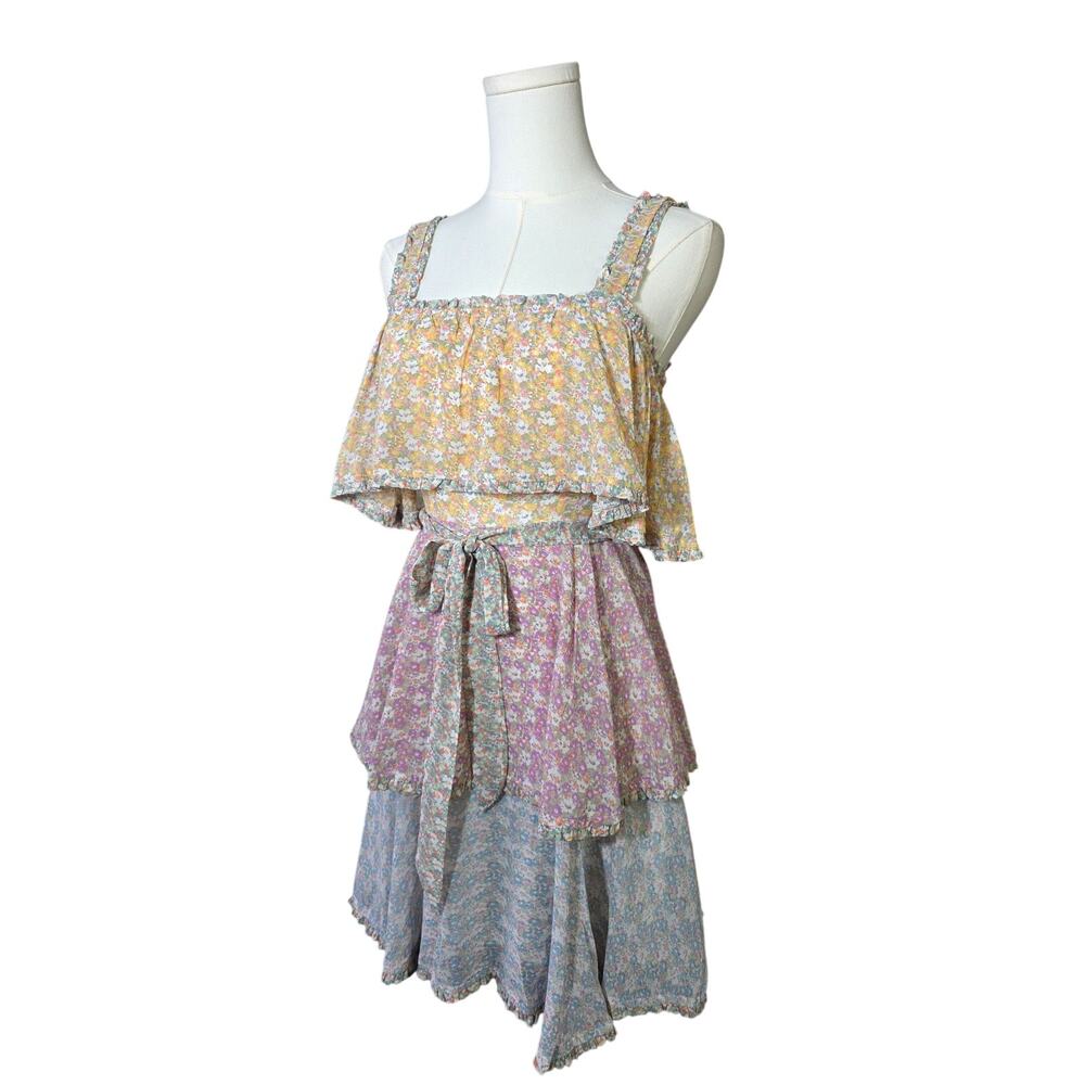 STORIA Multi-Floral Print Layered Tier Waist-Tie V-Neck Dress